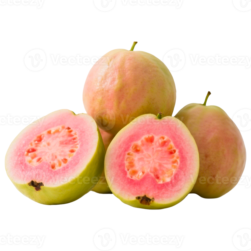 Close-up of fresh, ripe pink guavas, some sliced, on a clear backdrop png
