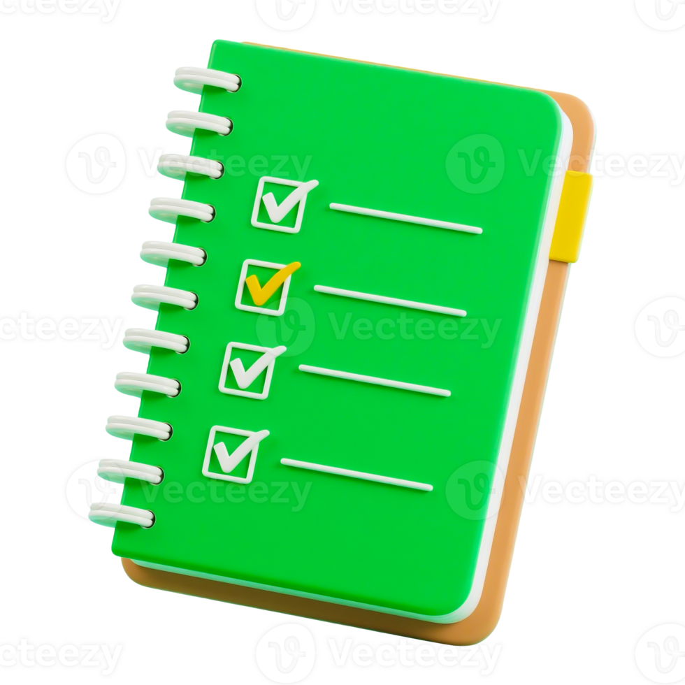 3D rendering of a green notebook with a checklist png