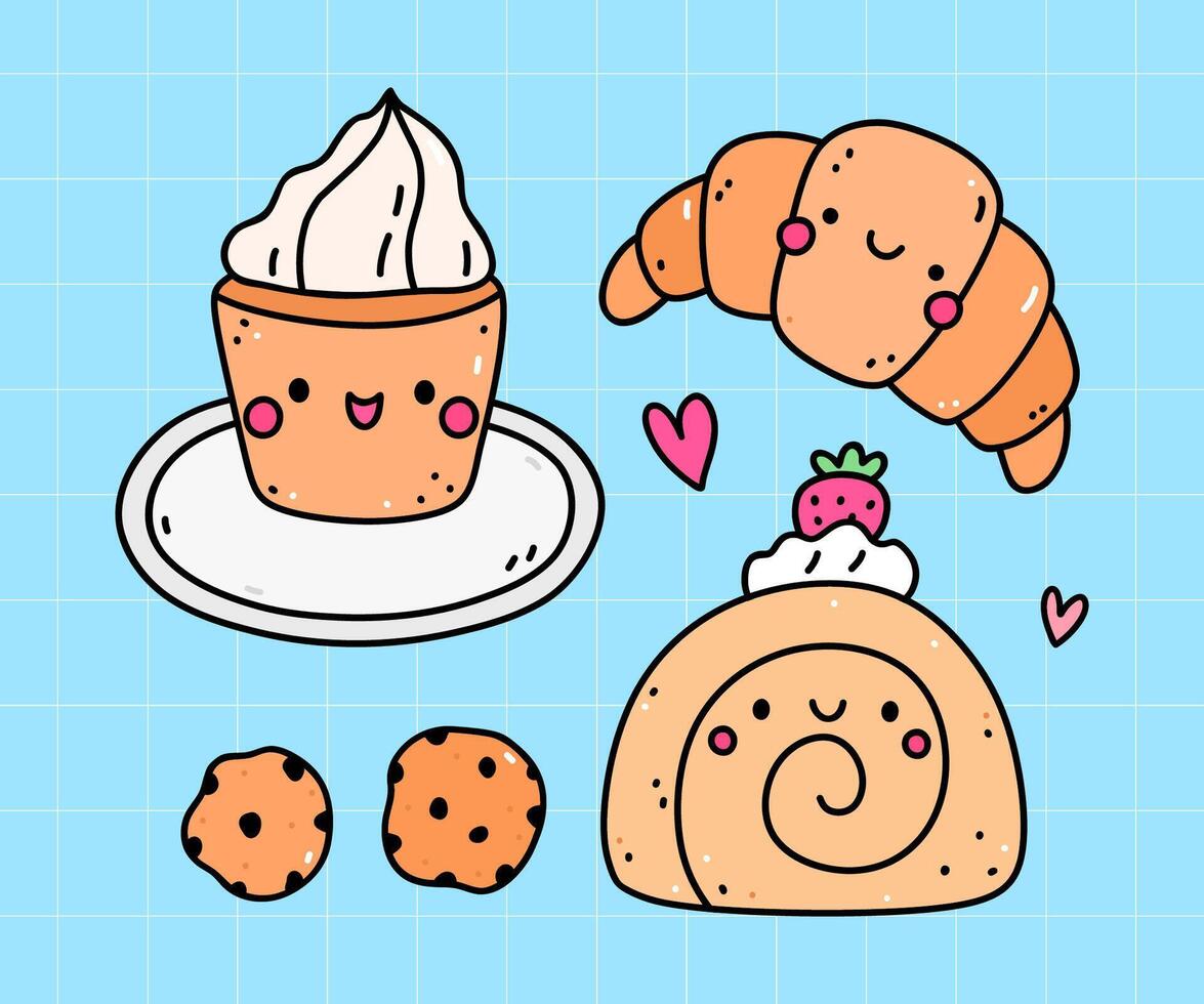 Kawaii pastry - cupcake, croissant, chocolate chip cookies, cake roll. hand-drawn illustration in doodle style. Cute characters. Perfect for cards, decorations, stickers, menu, various designs. vector