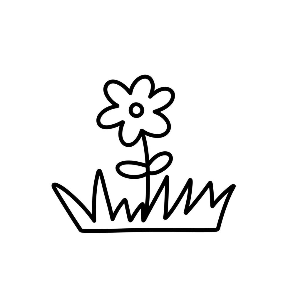 Cute daisy in the grass isolated on a white background. hand-drawn illustration in doodle style. Perfect for decorations, logo, various designs. vector
