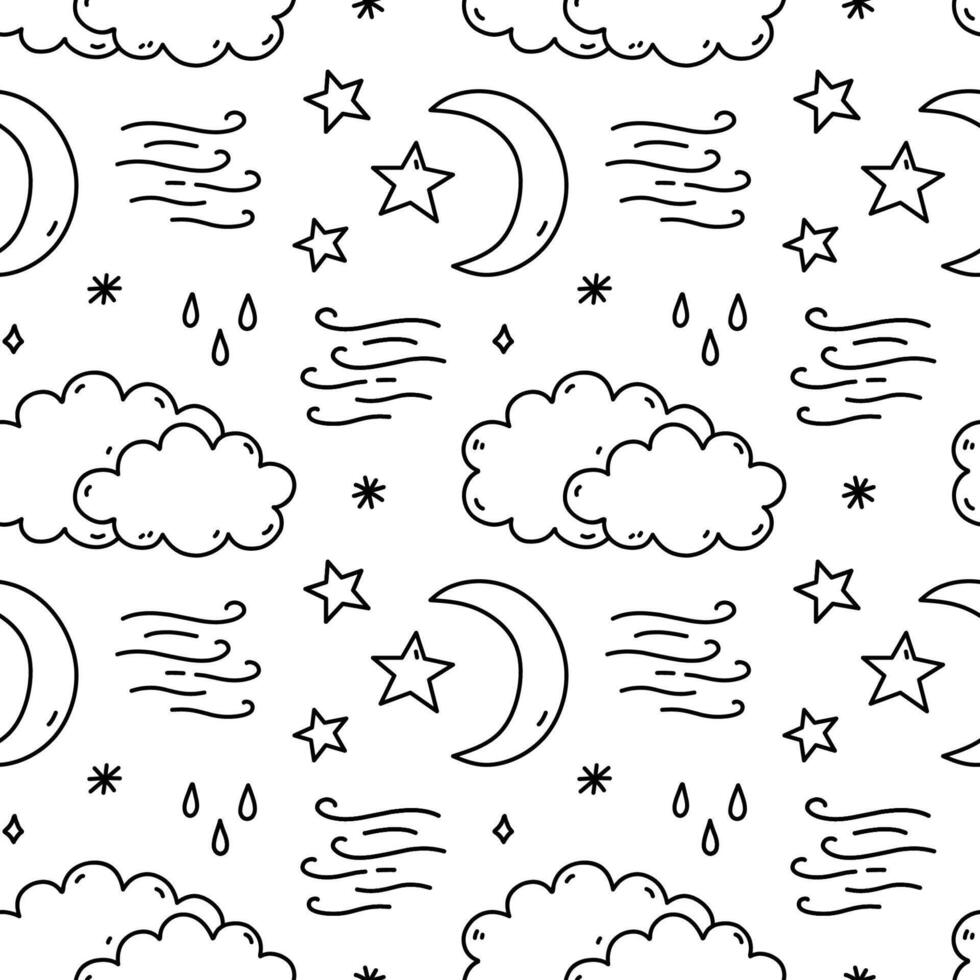 Cute seamless pattern with weather elements - clouds, rain, wind, moon and stars. hand-drawn doodle illustration. Perfect for print, wallpaper, decorations. vector