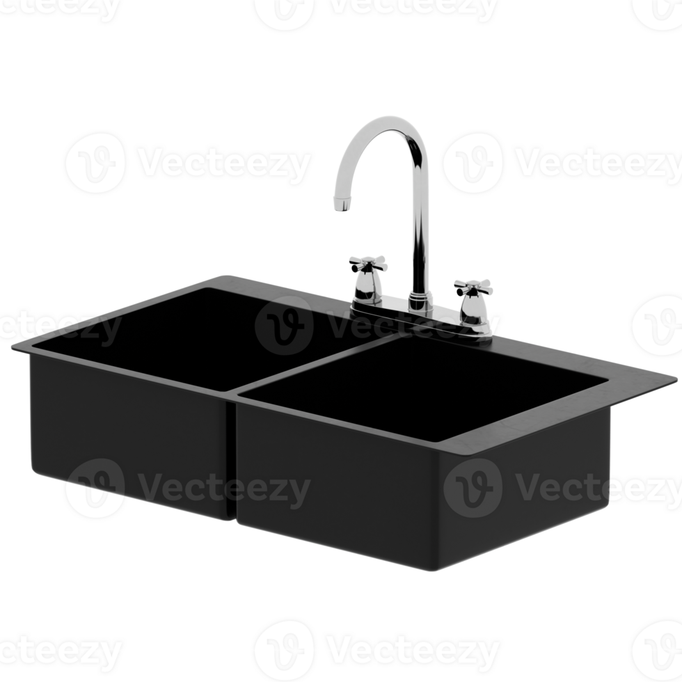 Render double black kitchen sink chrome faucet with transparent background png