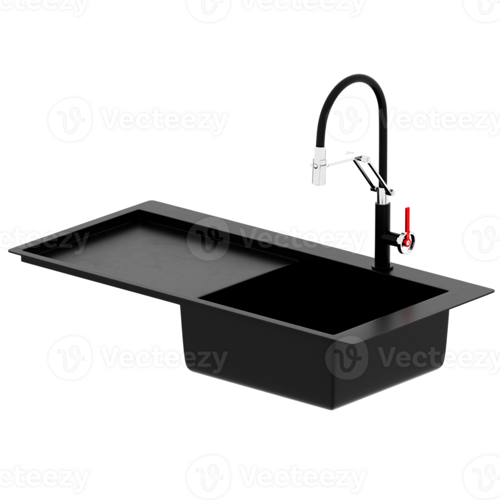 3d render black sink kitchen faucet side drainboard modern design tap with transparent background png