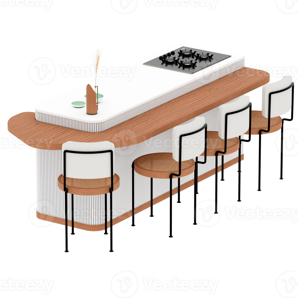 Kitchen island with stove and chairs with transparent background png