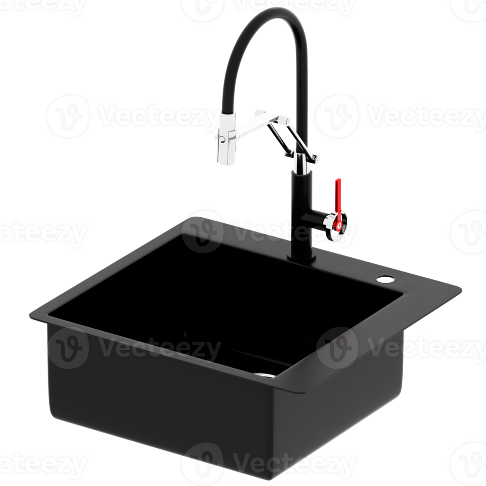 3d render square sink kitchen black faucet minimal design tap fixture with transparent wallpaper png