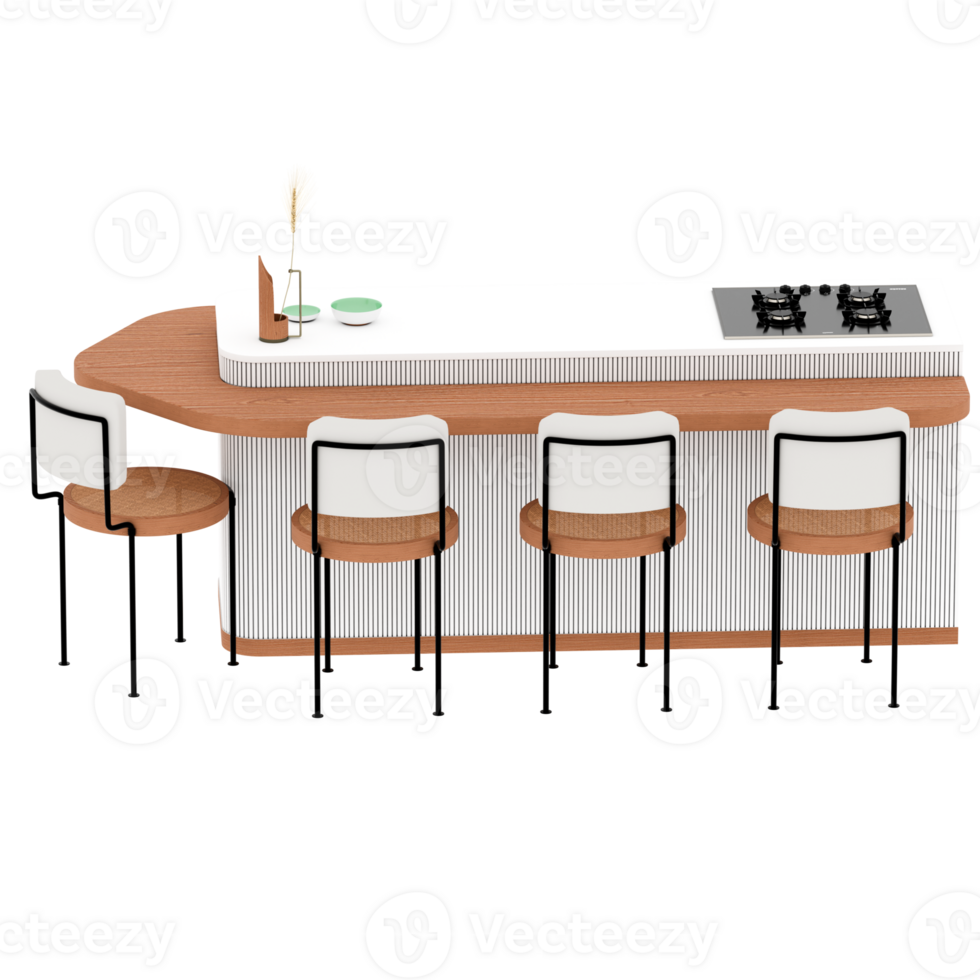 Render kitchen island with stove and chairs with transparent background png
