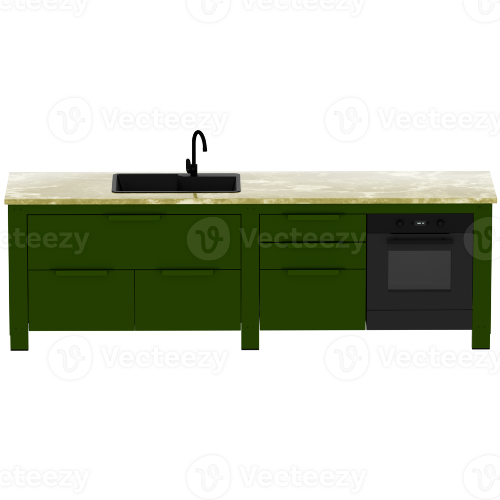 Render green kitchen counter with oven and sink with transparent background png