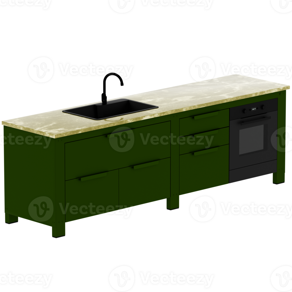 3d render green kitchen counter with oven and sink with transparent background png