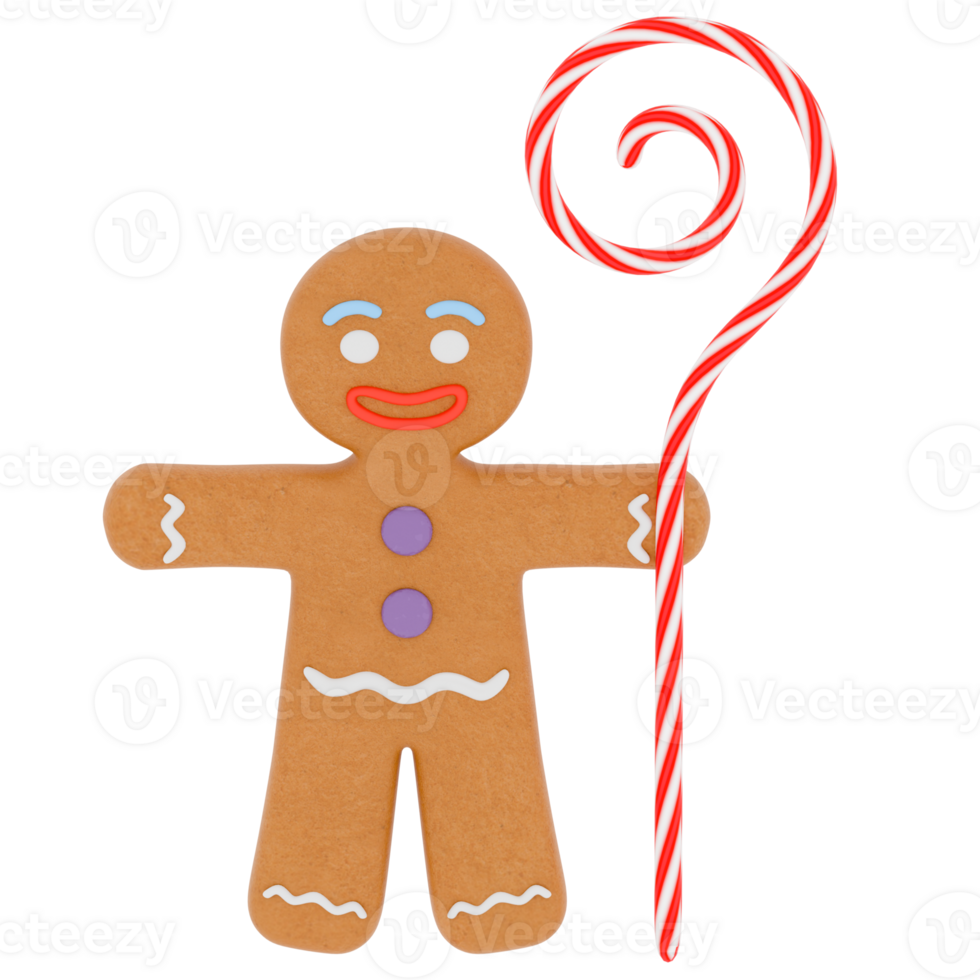 3d render gingerbread man with candy cane with transparent background png