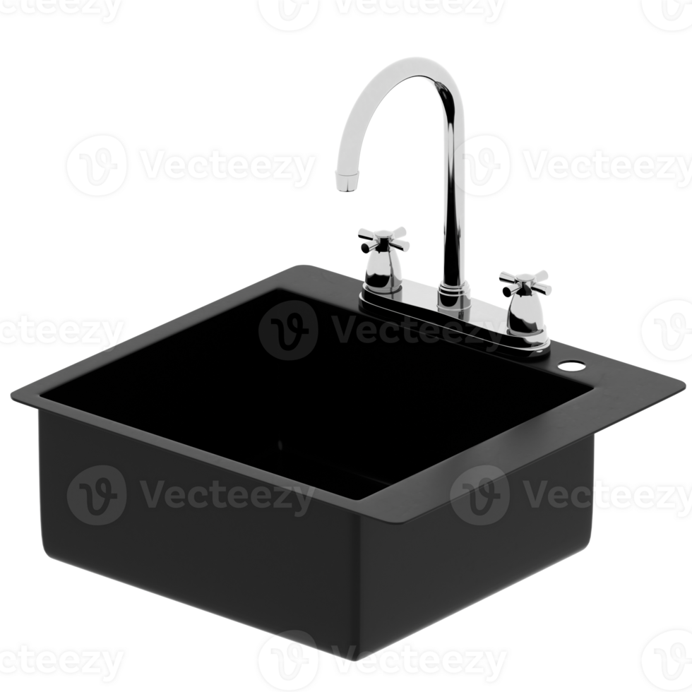 3d render single black kitchen sink chrome faucet with transparent background png