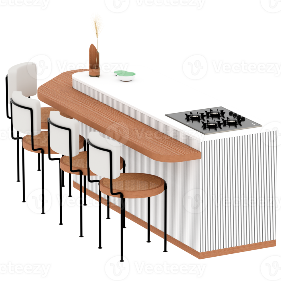 3d render kitchen island with stove and chairs with transparent background png