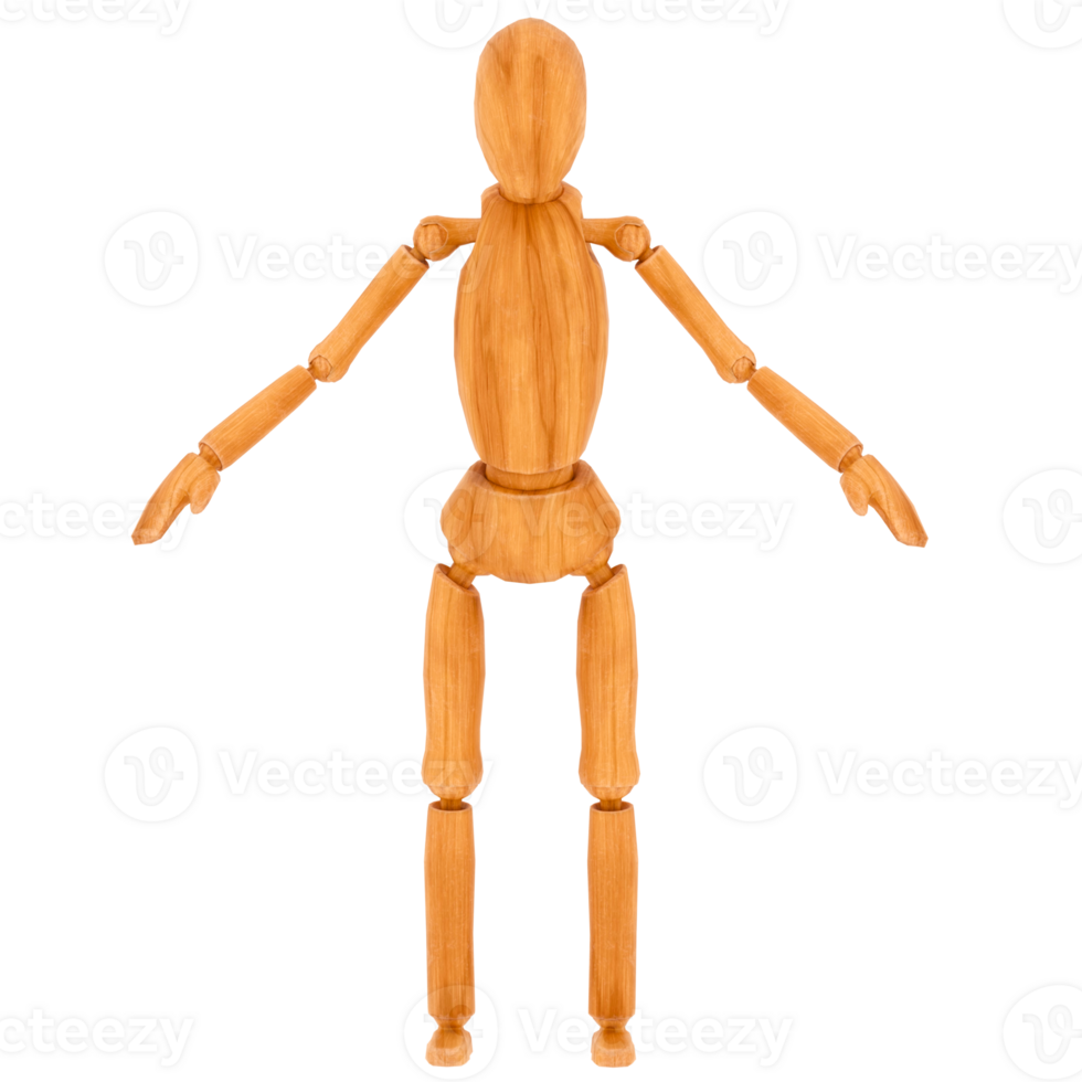 Render wooden mannequin pose with transparent background png