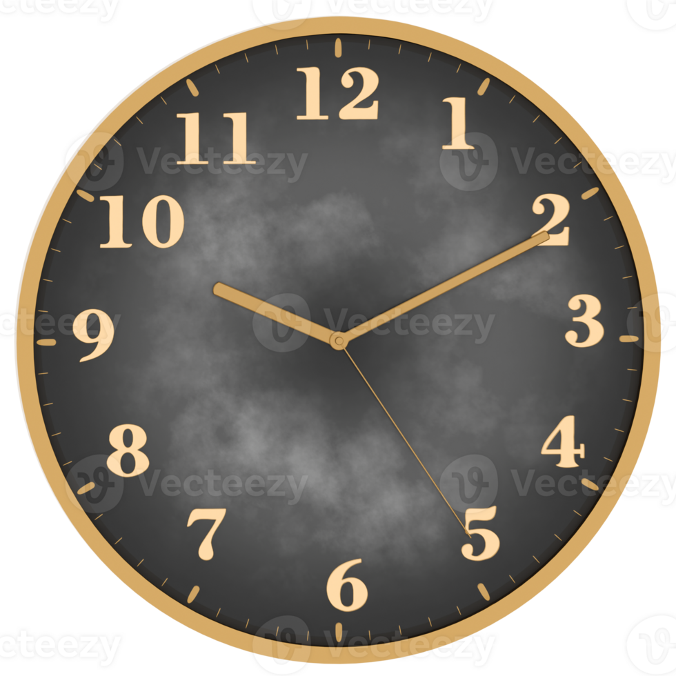 Render classic wall clock gold frame with transparent background png