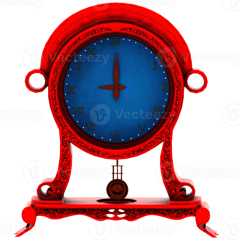 Render antique red table clock with transparent background png