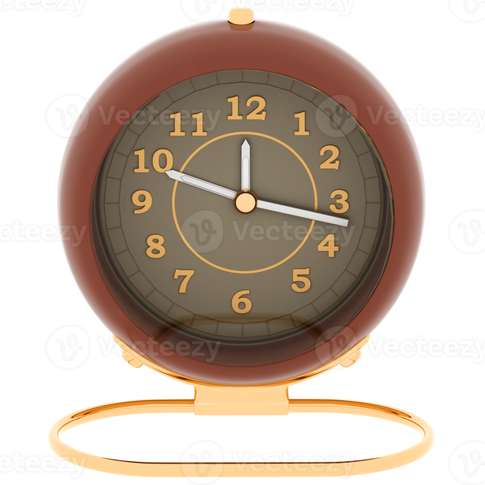 Render vintage desk clock brown gold with transparent background png