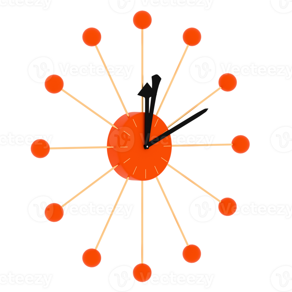3d render modern orange radial wall clock with transparent background png
