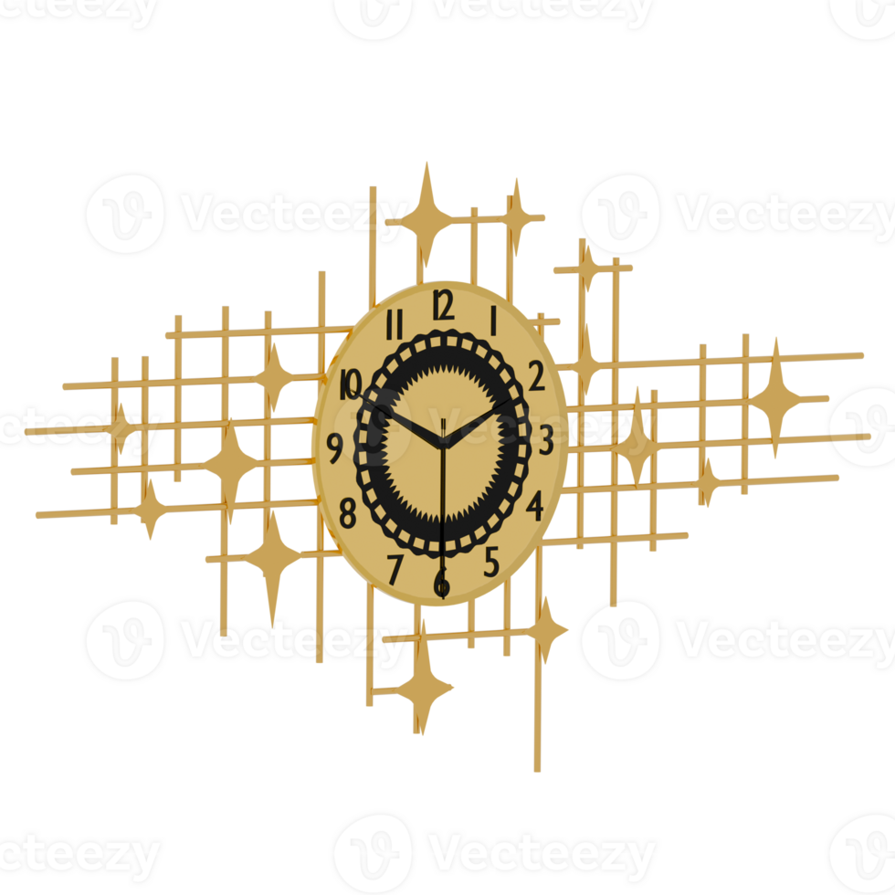 3d render golden retro wall clock art with transparent background png