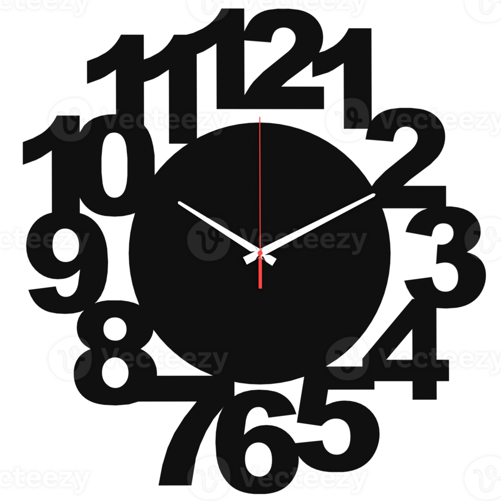 3d render black numbers wall clock modern with transparent background png