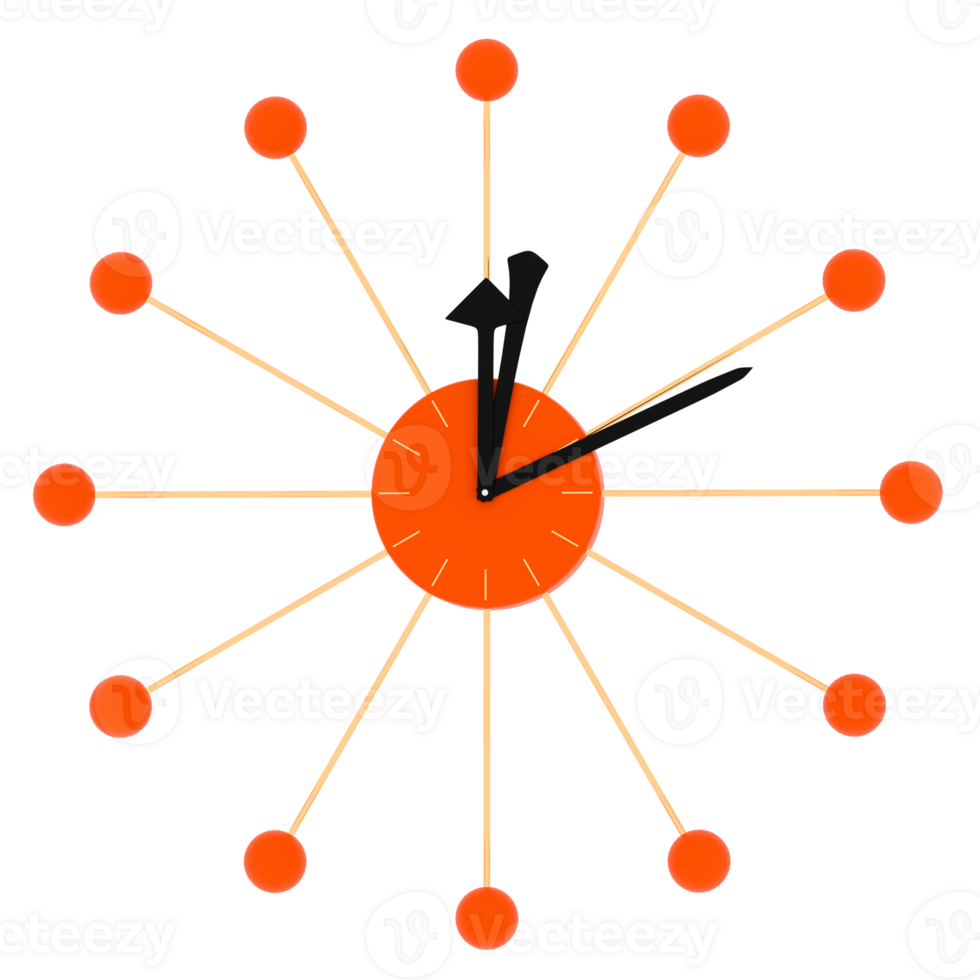 Render modern orange radial wall clock with transparent background png