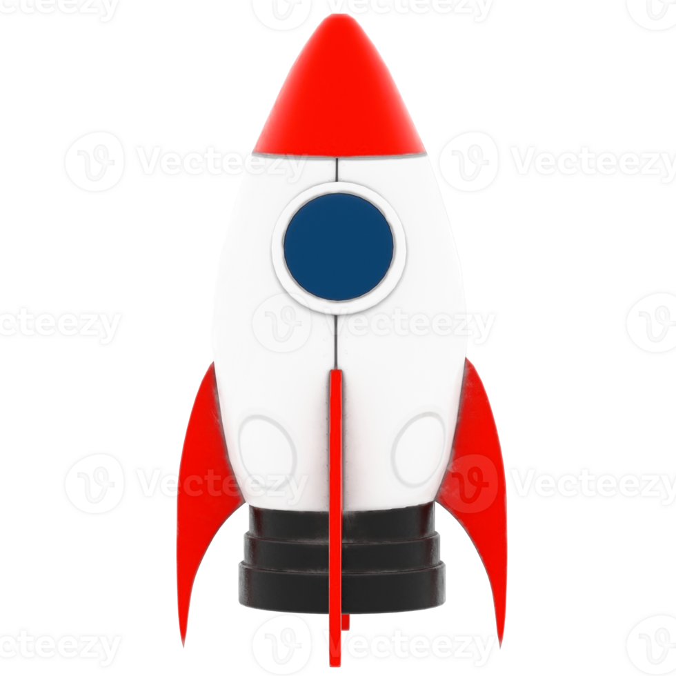 3d render red white toy rocket with transparent background png