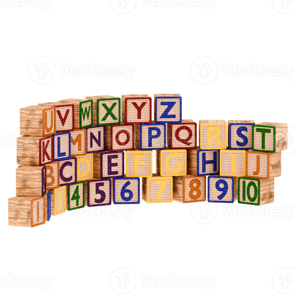 Render toy blocks alphabet numbers with transparent background png