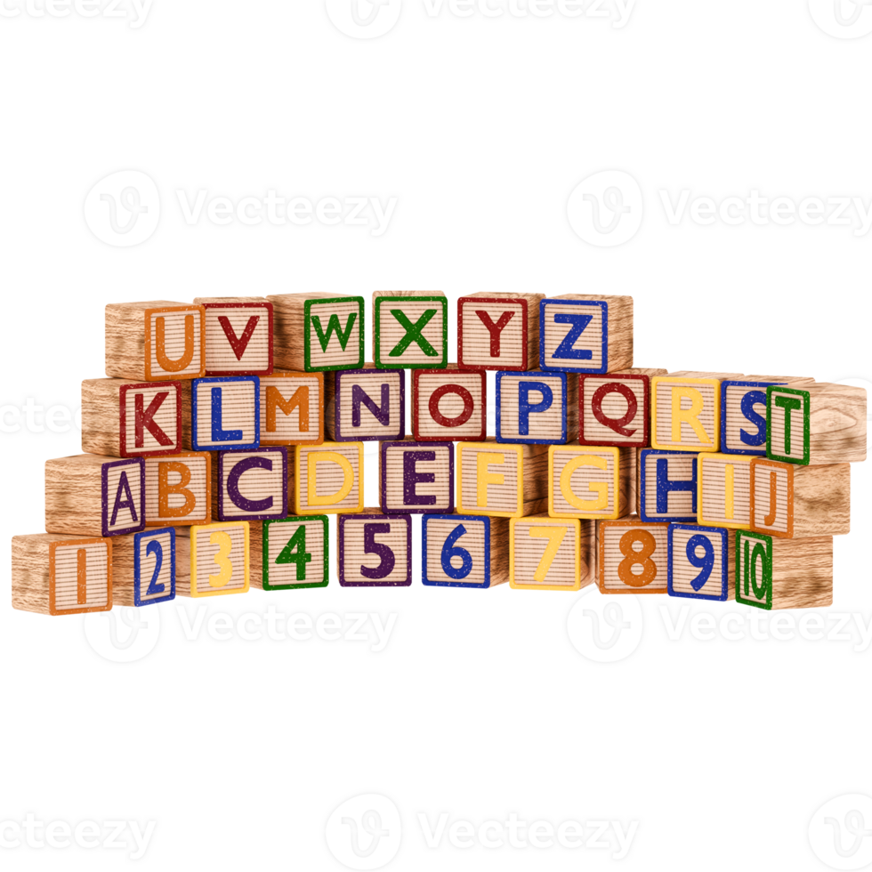 3d render toy blocks alphabet numbers with transparent background png
