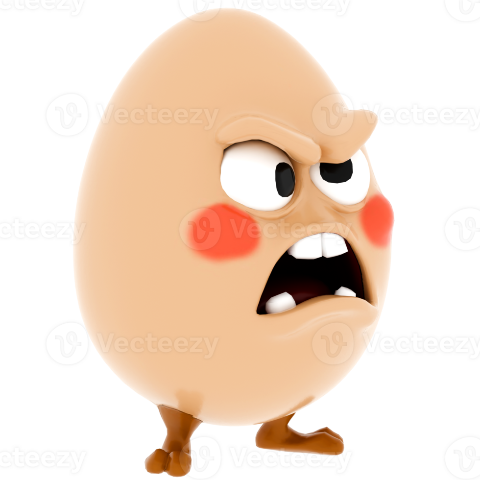3d render angry egg cartoon character with transparent background png