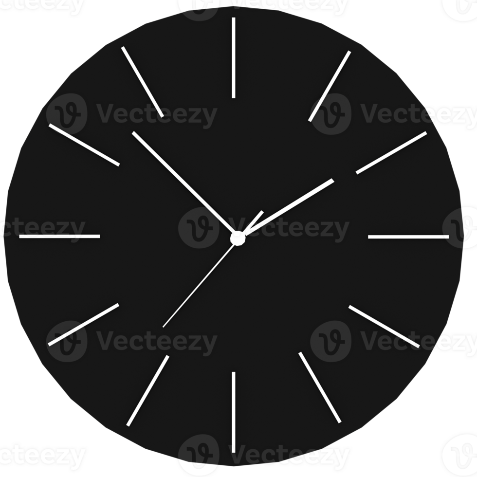 Render modern black analog wall clock with transparent background png