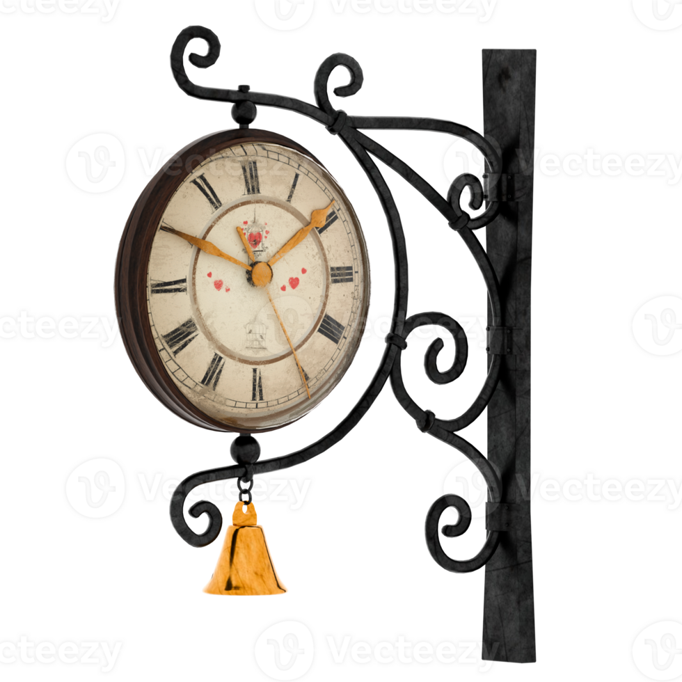 Render vintage wall clock with golden bell with transparent background png