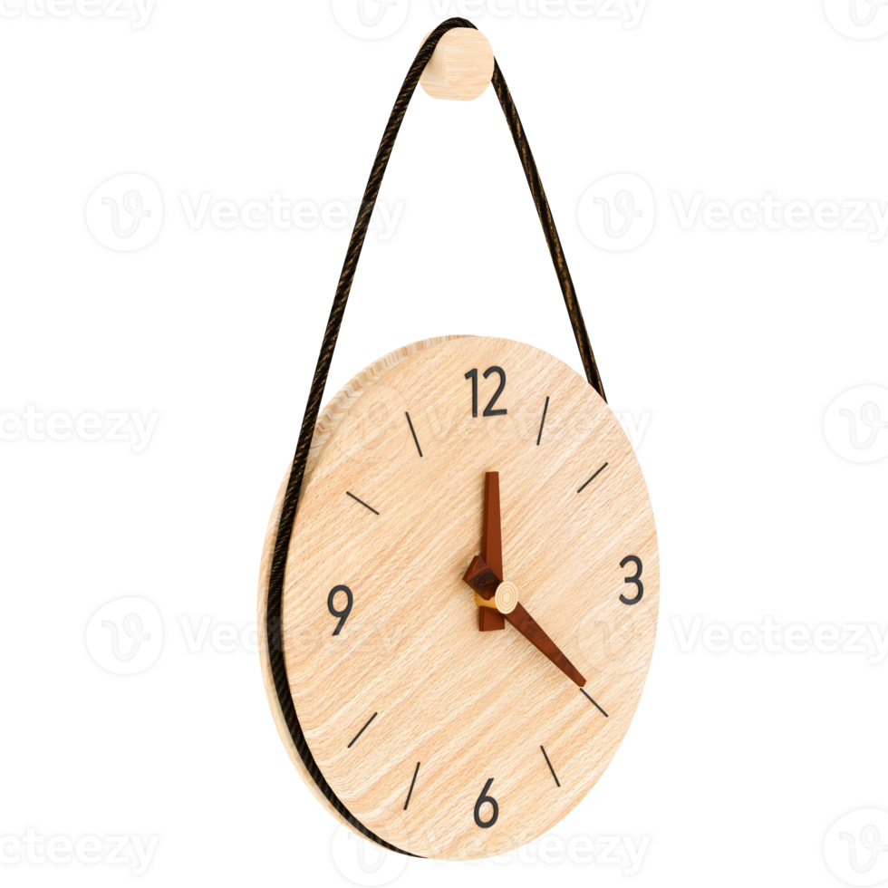 Render wooden wall clock hanging with transparent background png