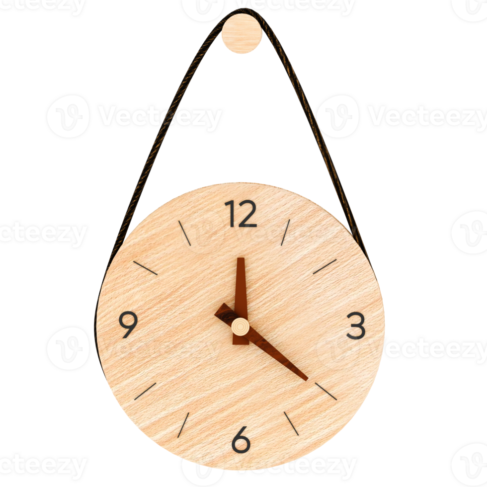 3d render wooden wall clock hanging with transparent background png