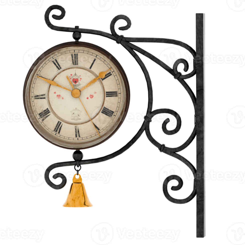3d render vintage wall clock with golden bell with transparent background png
