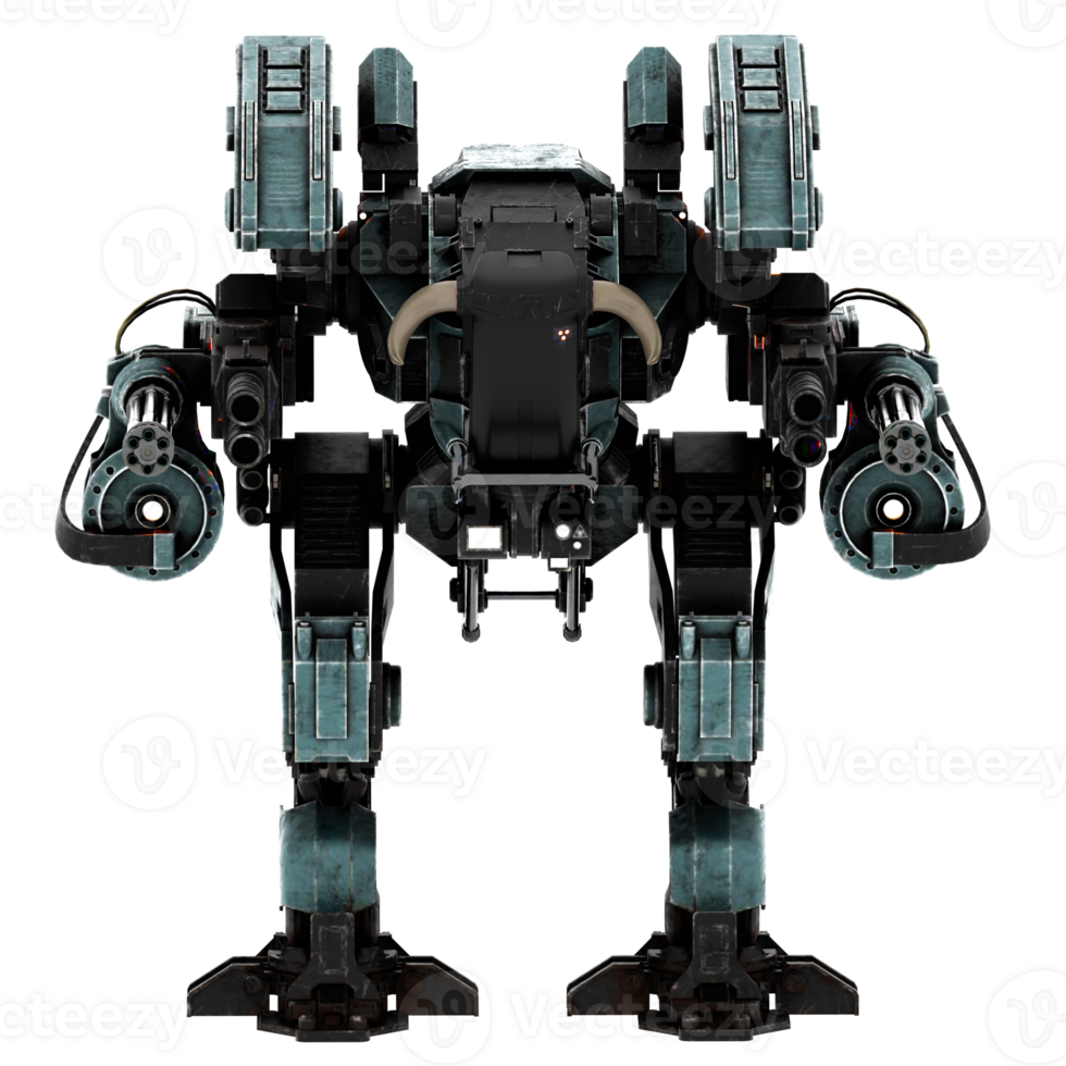 Render futuristic battle robot with weapons with transparent background png
