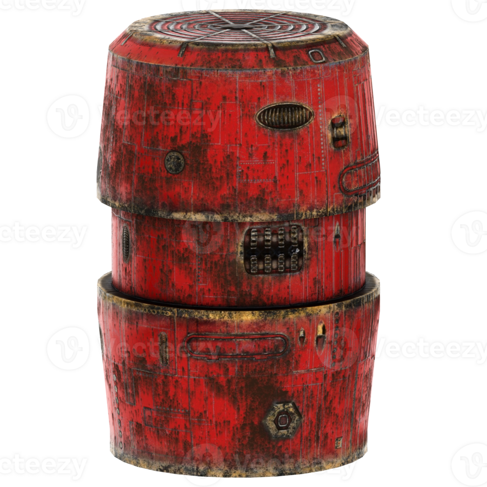 3d render red worn sci fi barrel with transparent background png