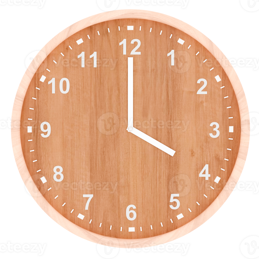 3d render wooden wall clock analog time with transparent background png