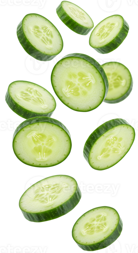 Floating cucumber slices on a transparent background showcase freshness png