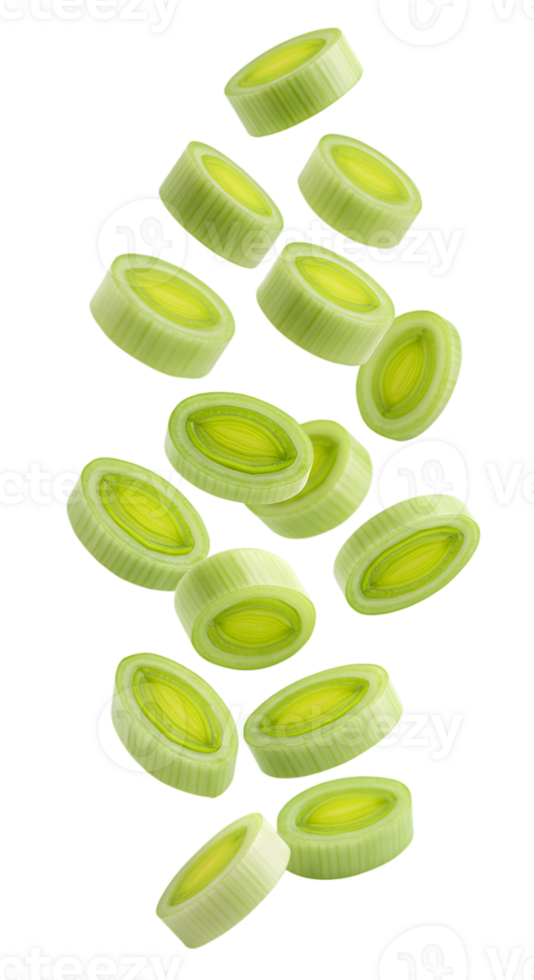 Elegant Slices of Fresh Leeks Falling with Grace on Transparent Canvas png