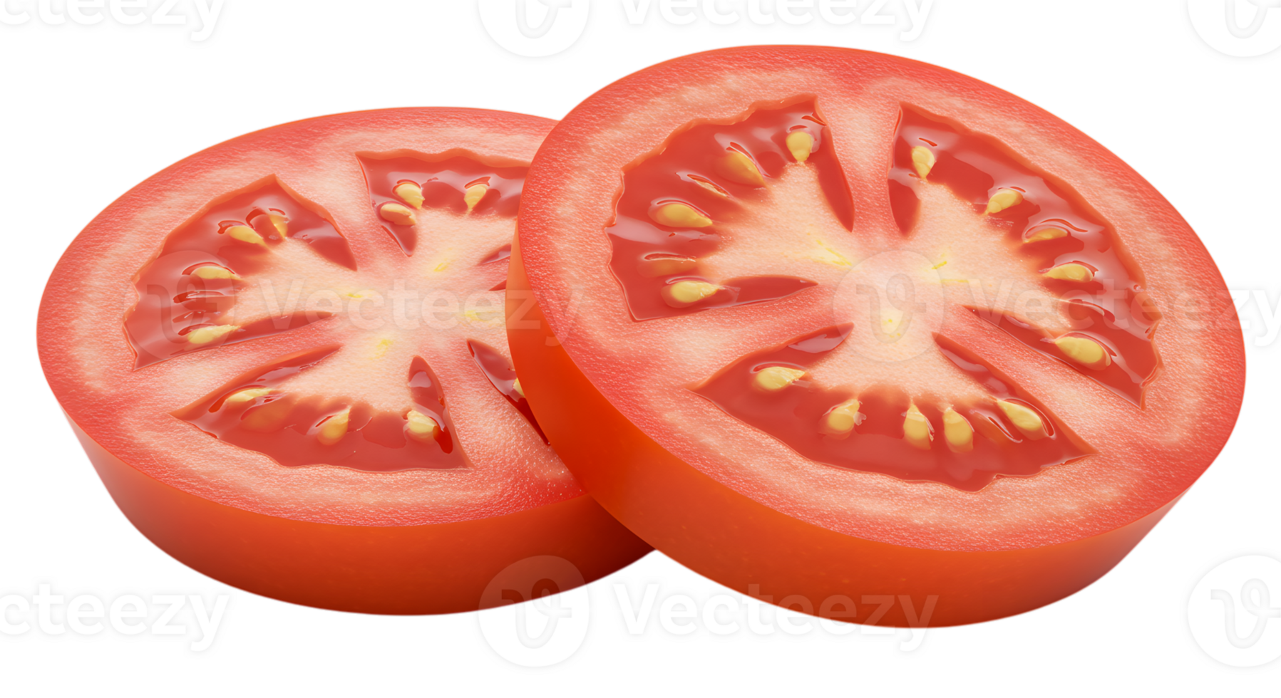 Close-up of two tomato slices showcasing their texture and vibrant red color, isolated on a transparent background for versatile use png