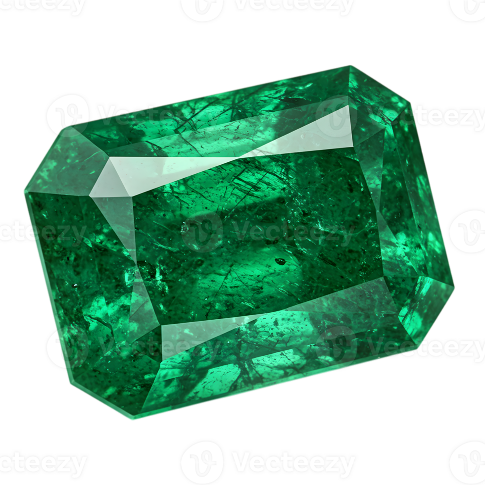 Exquisite emerald gemstone on transparent background, close-up showing intricate details and vibrant green color, macro photography png
