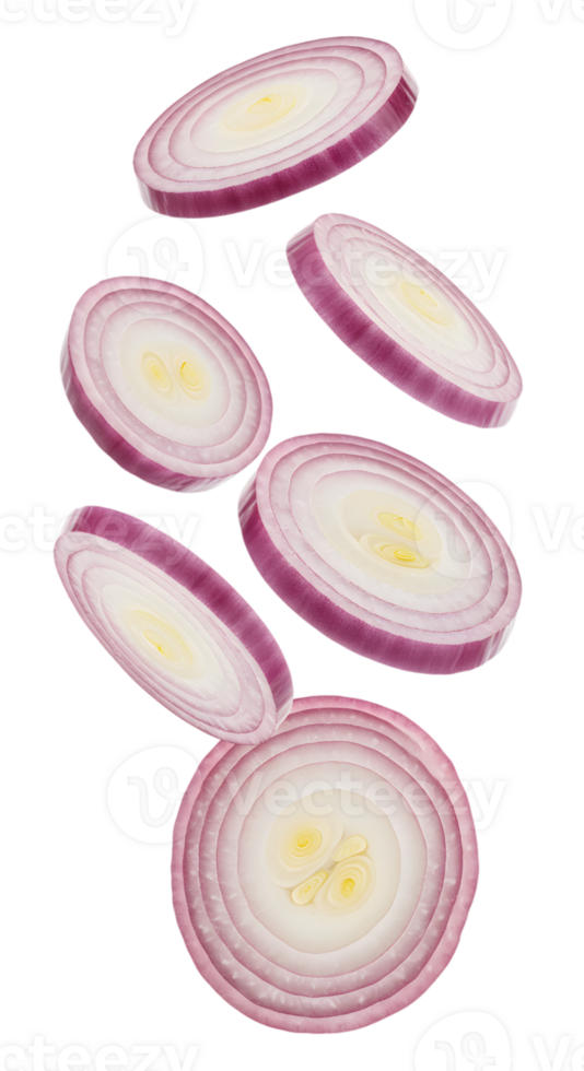 Floating red onion slices creating dynamic composition on transparent backdrop png