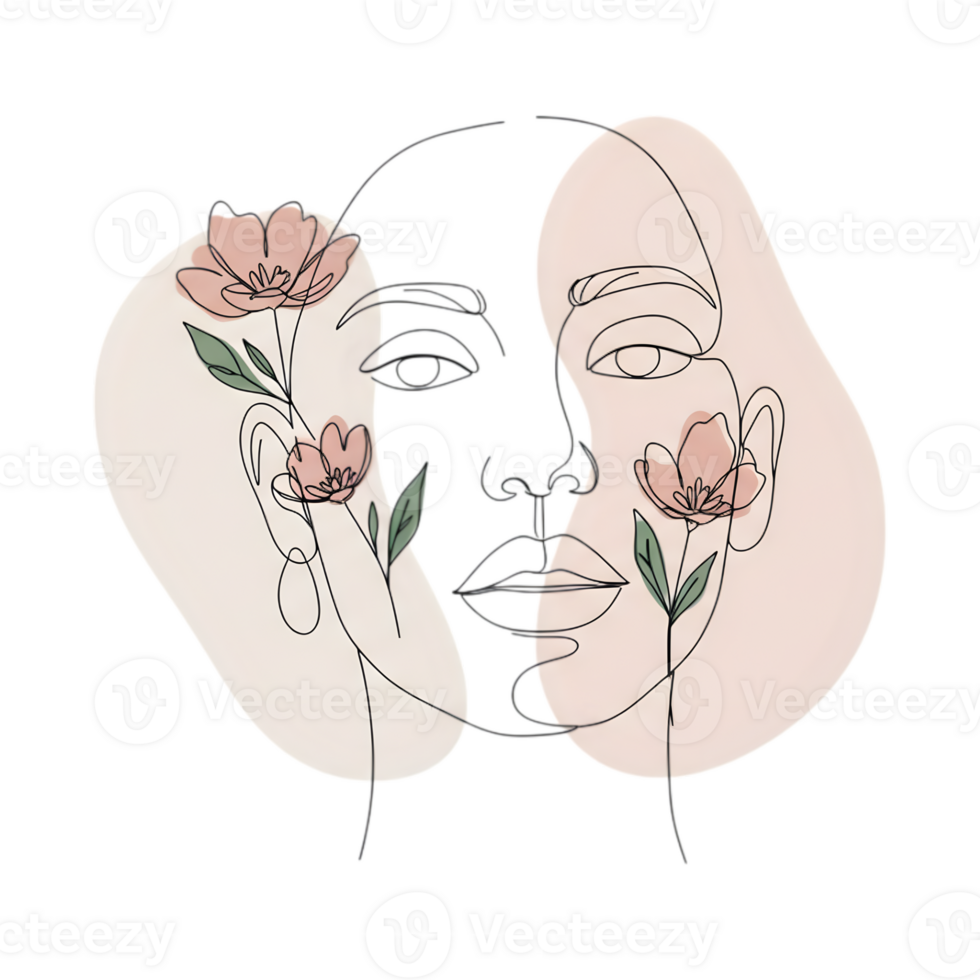 Elegant Line Art Portrait with Floral Accents and Transparent Background png