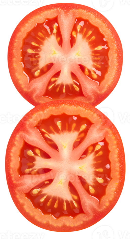 Close-up of two vibrant tomato slices showcasing their juicy texture and vivid color against a transparent backdrop png