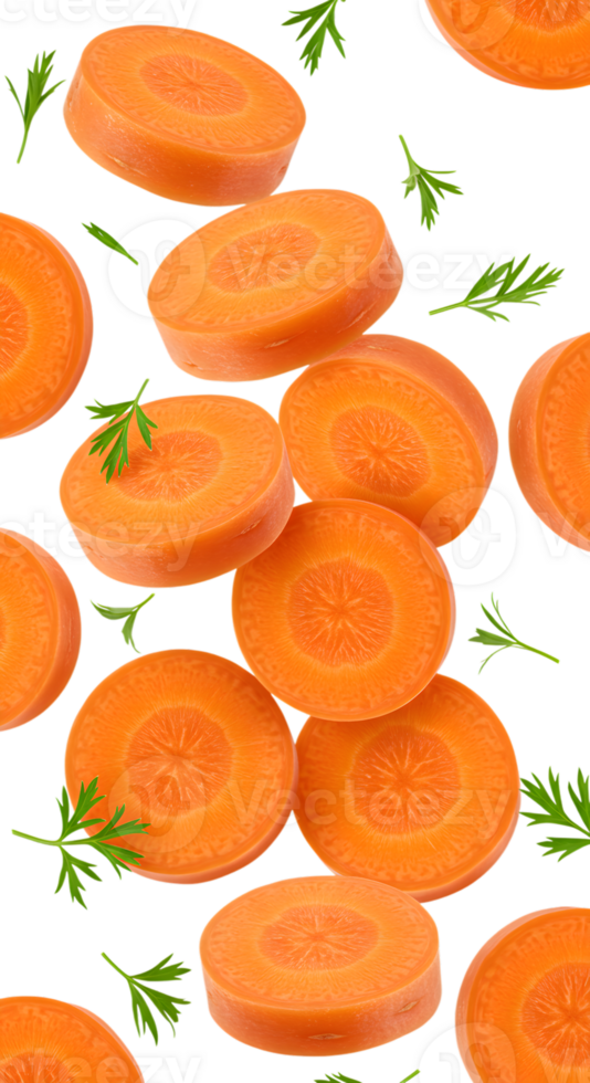 Vibrant Carrot Slice Array with Fresh Greens on Transparent Backdrop png
