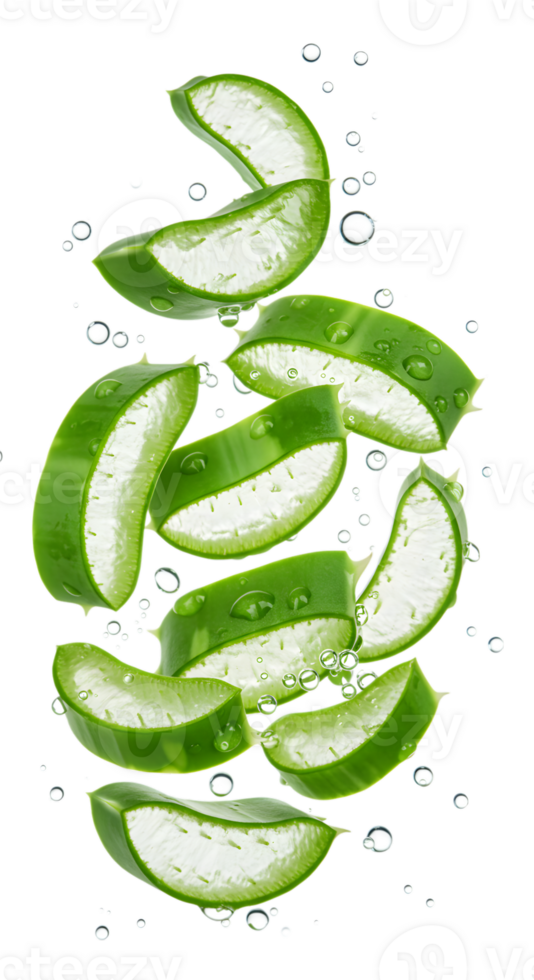 Fresh Aloe Vera Slices Floating with Water Droplets on Transparent Backdrop png