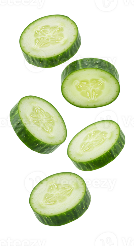 Floating fresh cucumber slices against transparent backdrop providing a refreshing and vibrant visual png