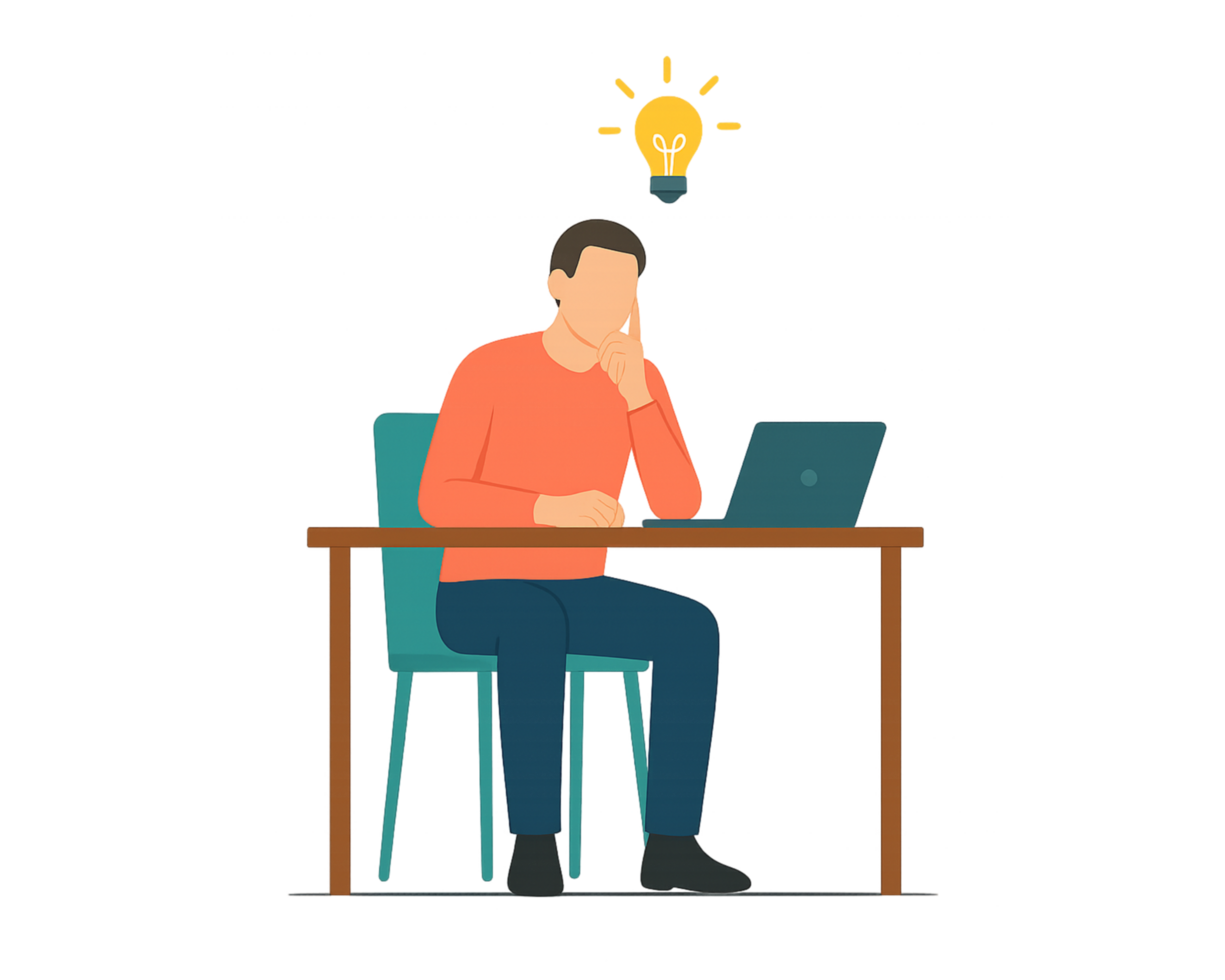 man sitting at a table with a laptop and light bulb above it png