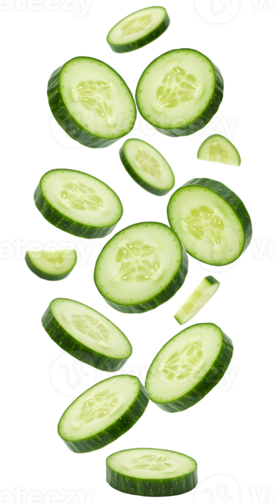 Fresh Cucumber Slices Falling on a Transparent Background, Healthy Eating png
