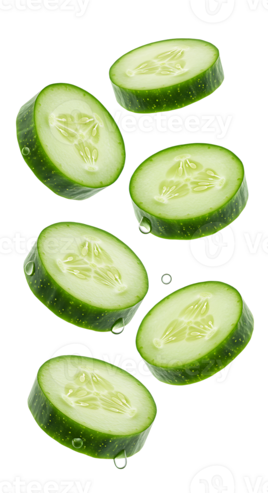 Floating freshness, Cucumber slices with glistening water droplets on transparent background png