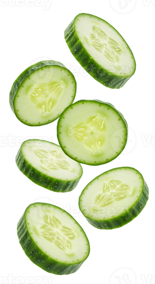 Freshness unleashed, A vibrant symphony of cucumber slices floating on a transparent backdrop, evoking a sense of natural vitality png