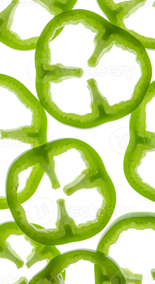 Floating vibrant green bell pepper rings creating an abstract pattern png